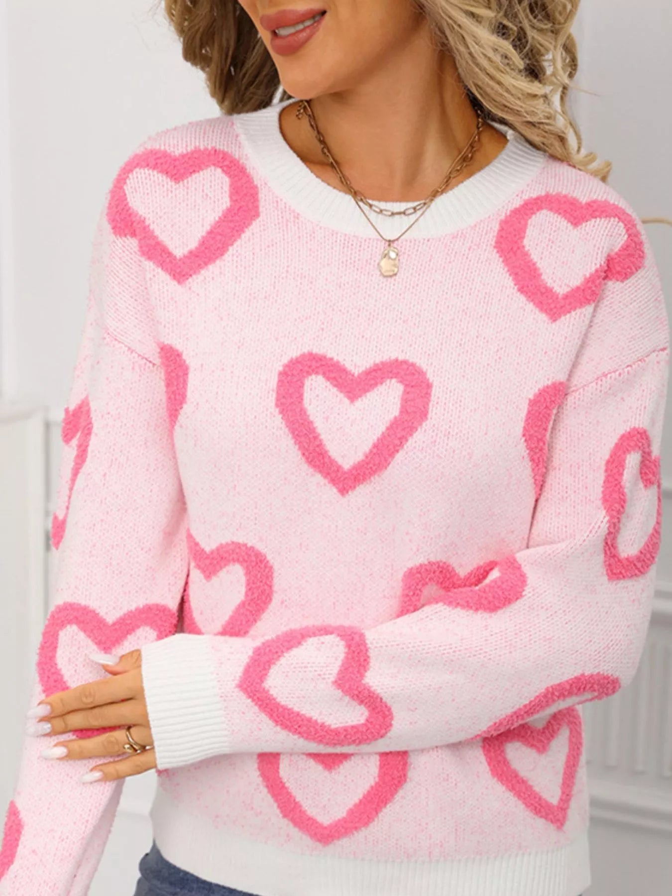 Valentine's Day Heart Pattern Round Neck Sweater - Seedandsoulful