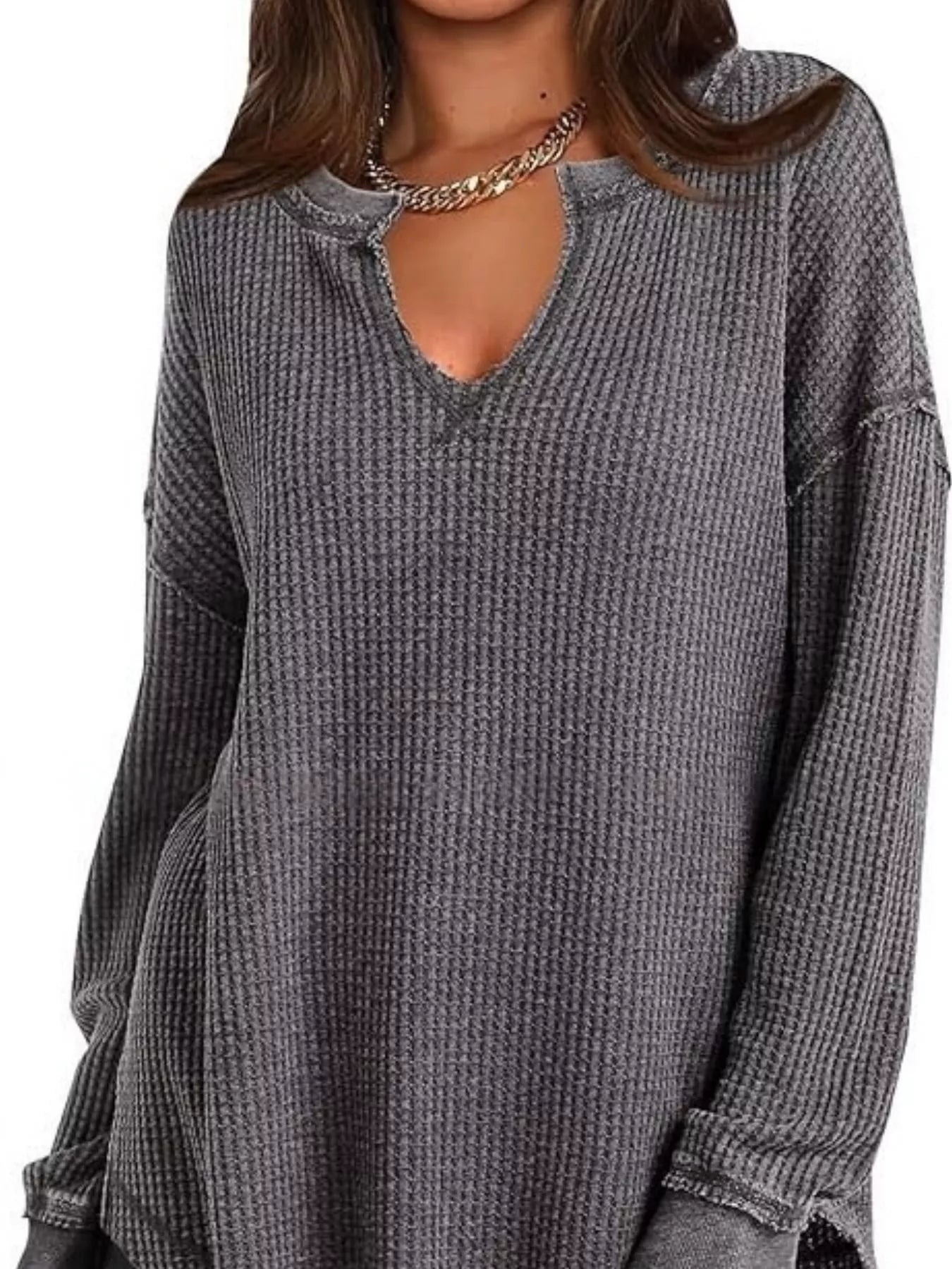 Slit Notched Long Sleeve T-Shirt - Seedandsoulful