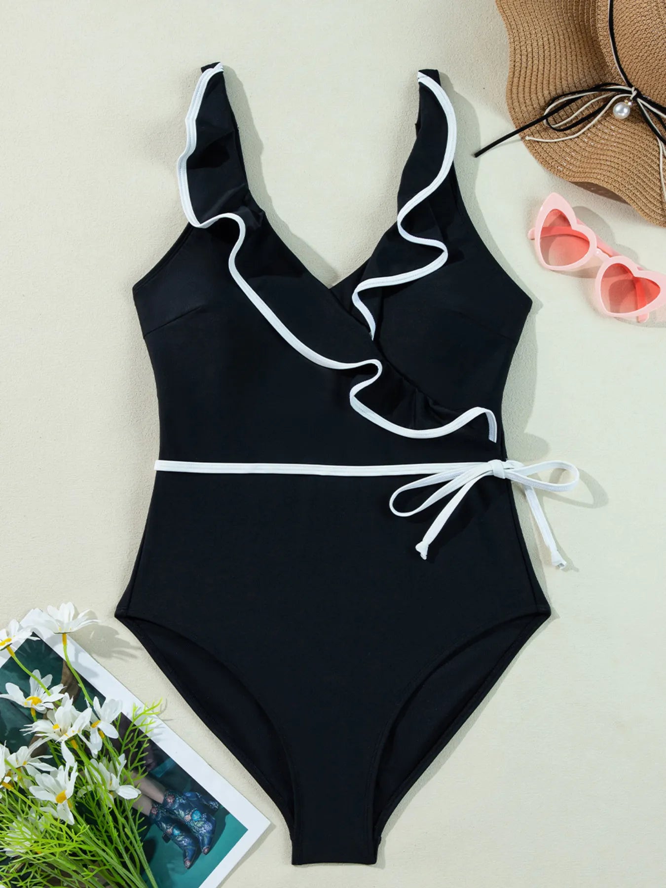 Ruffle Trim V - Neck One - Piece Swimsuit - Seedandsoulful