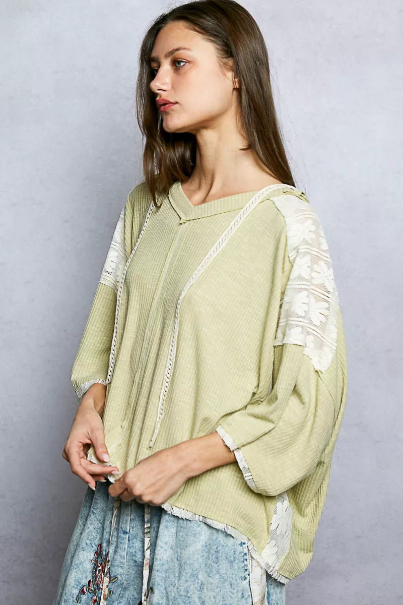 POL Short Sleeve Hoodie Top with Lace Detail - Seedandsoulful
