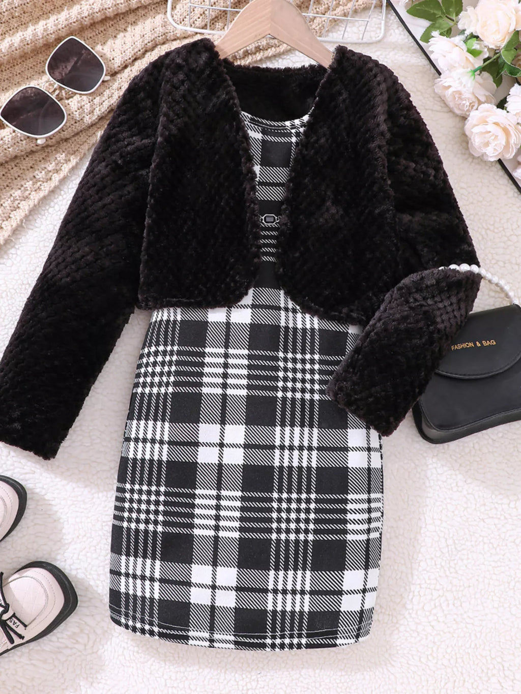 Children's Fuzzy Cardigan & Plaid Dress Set - Seedandsoulful