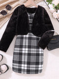 Children's Fuzzy Cardigan & Plaid Dress Set - Seedandsoulful