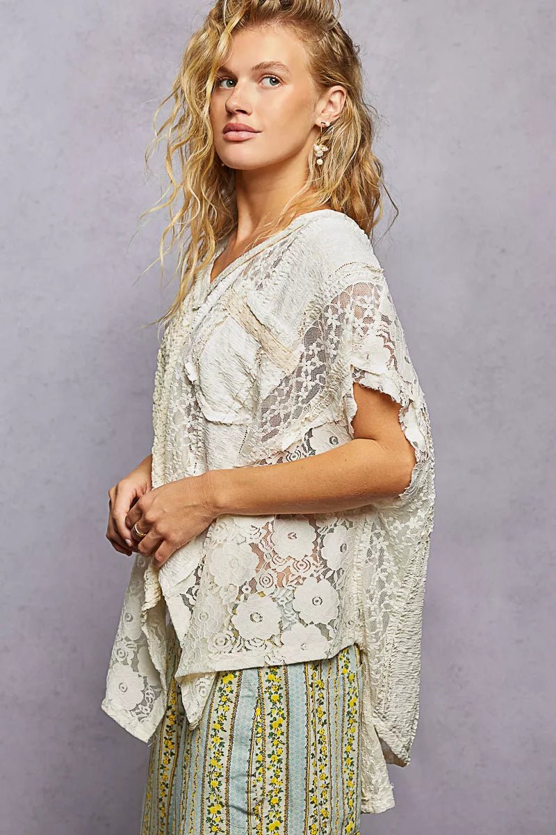 POL Asymmetrical V - Neck Short Sleeve Lace Top - Seedandsoulful
