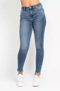 Judy Blue High Waist Skinny Jeans with Destroy & Shark Bit Hem - Seedandsoulful