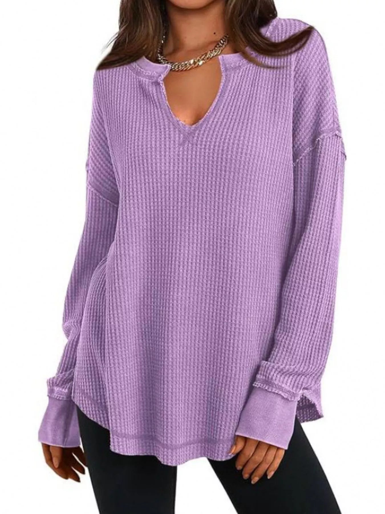 Slit Notched Long Sleeve T-Shirt - Seedandsoulful