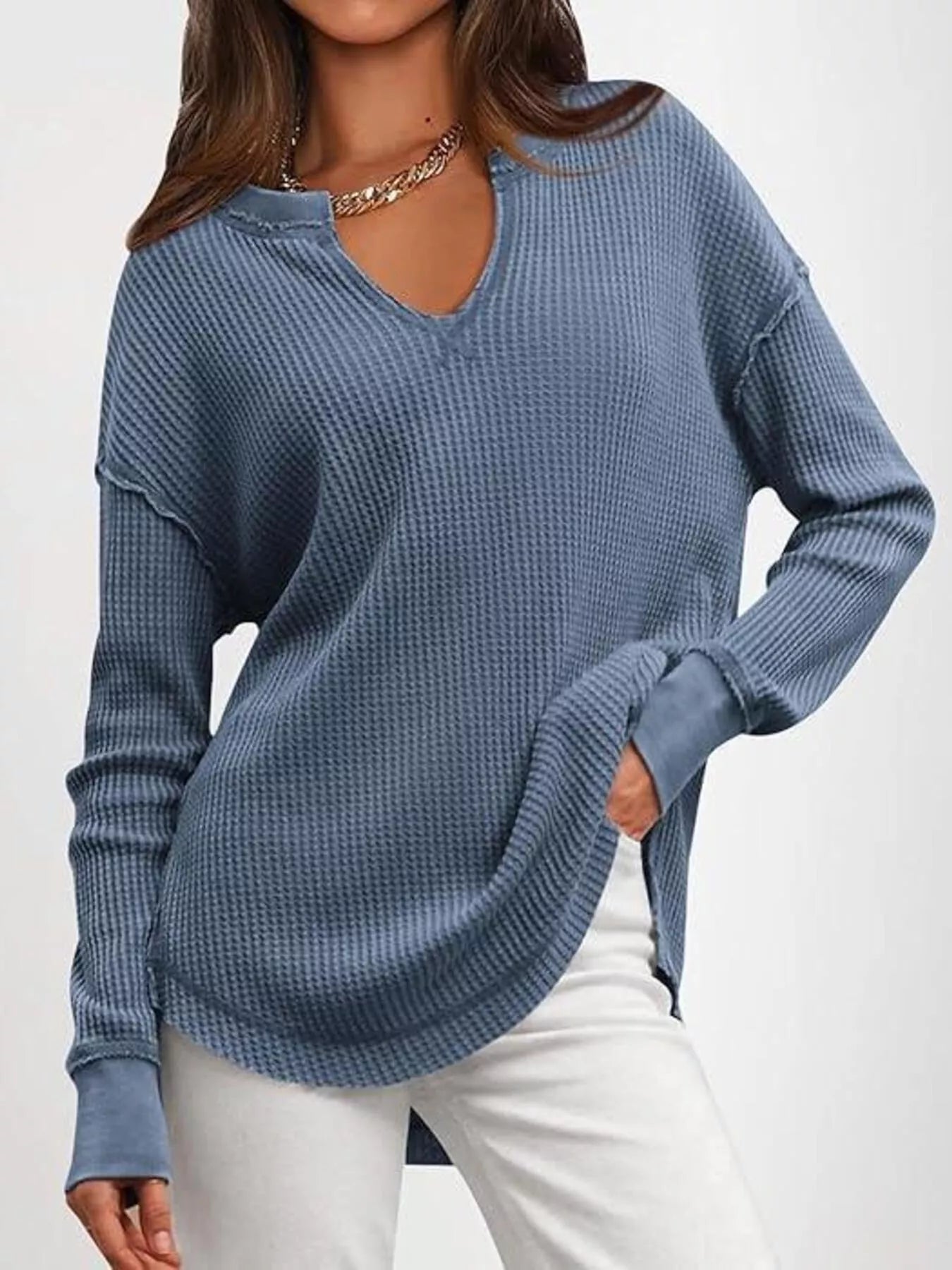 Slit Notched Long Sleeve T-Shirt - Seedandsoulful