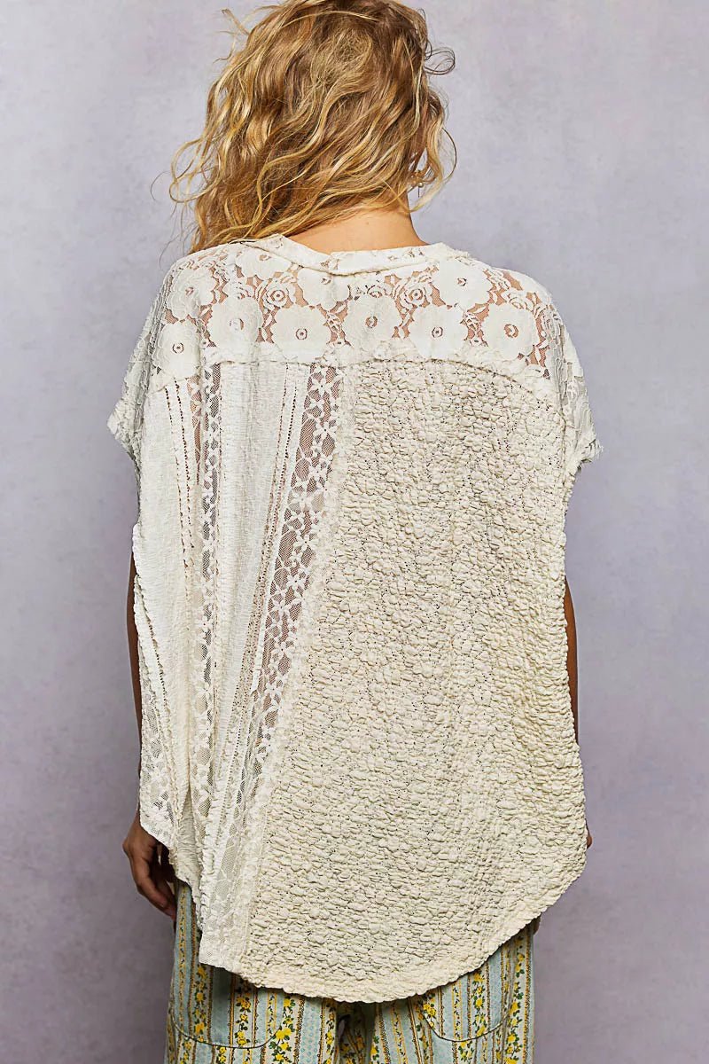 POL Asymmetrical V - Neck Short Sleeve Lace Top - Seedandsoulful