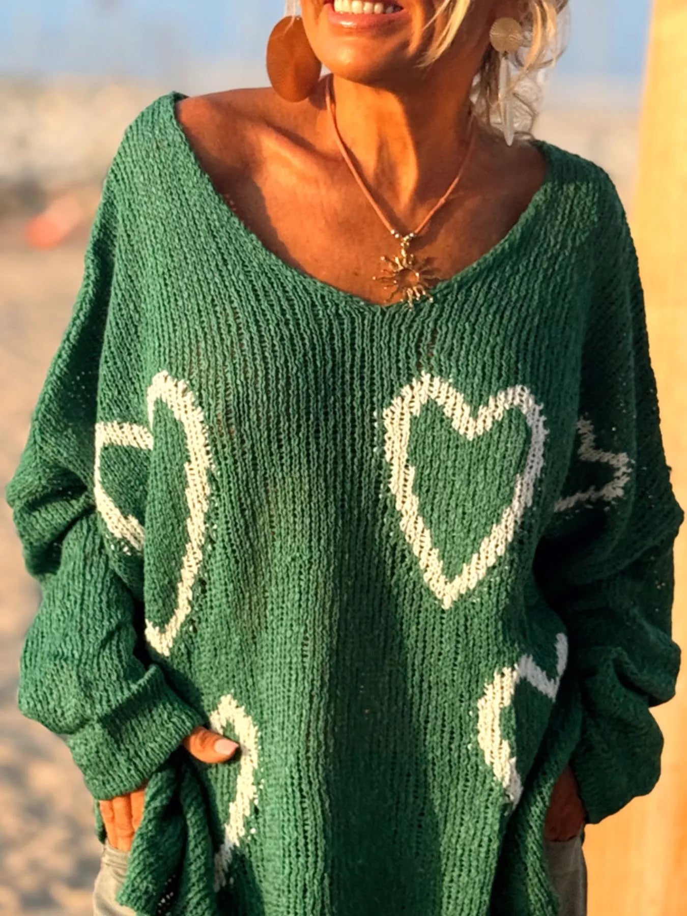 Heart V - Neck Dropped Shoulder Sweater - Seedandsoulful