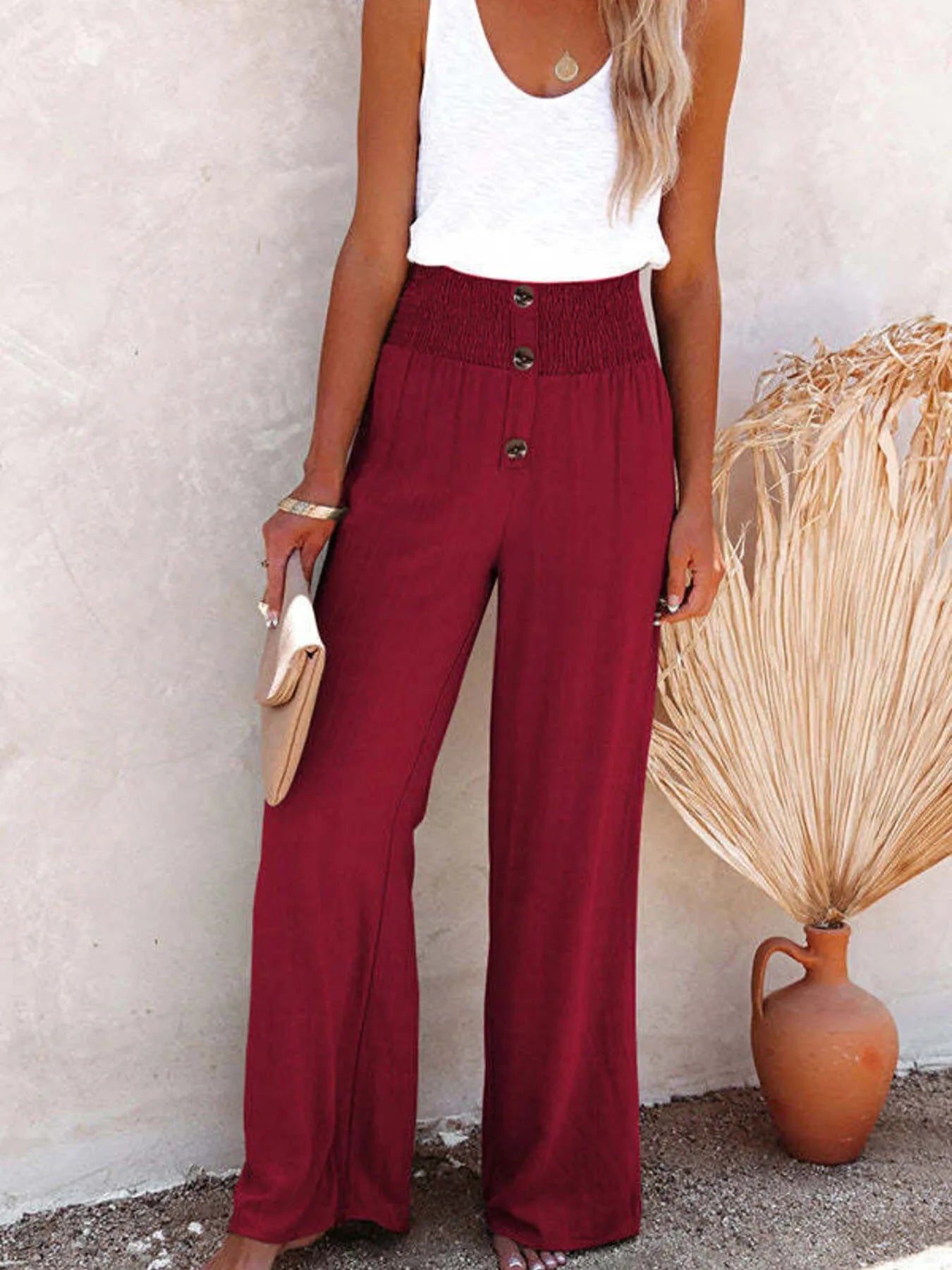 Full Size High - Waisted Textured Wide Leg Pants Plus Size - Seedandsoulful