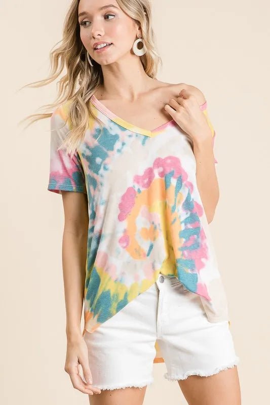 BiBi Circular Tie Dye Print V Neck Top - Seedandsoulful