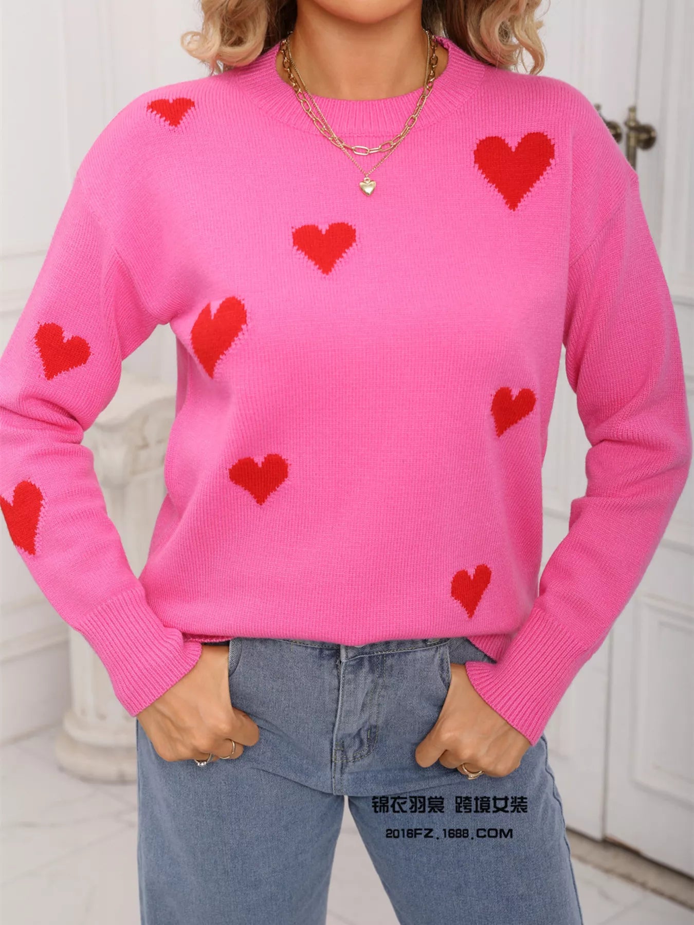 Valentine's Day Heart Print Round Neck Sweater - Seedandsoulful