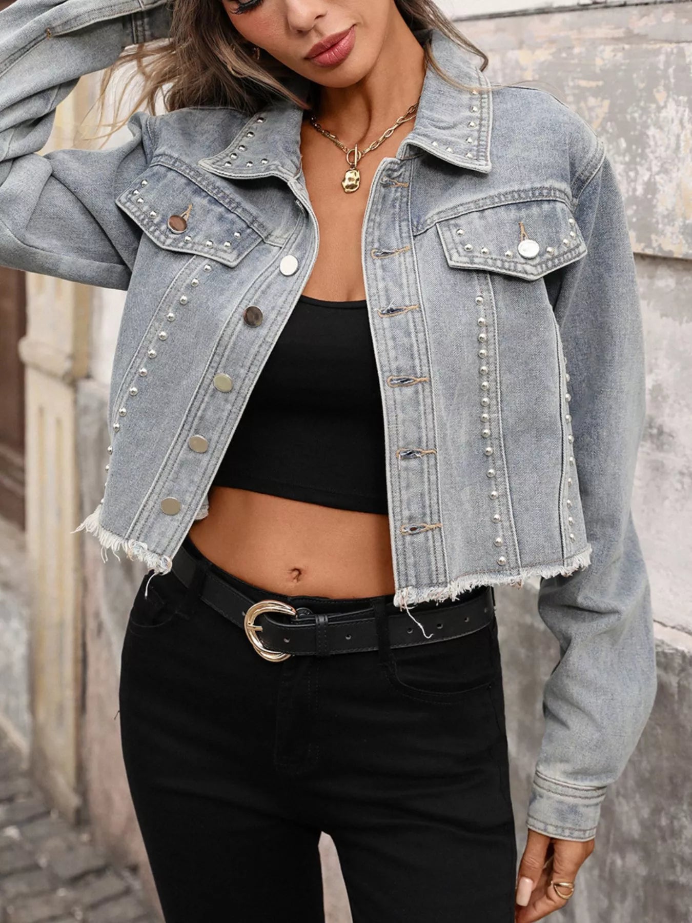 Studded Raw Hem Denim Jacket - Seedandsoulful