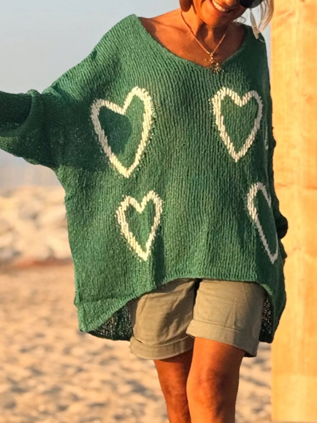 Heart V - Neck Dropped Shoulder Sweater - Seedandsoulful