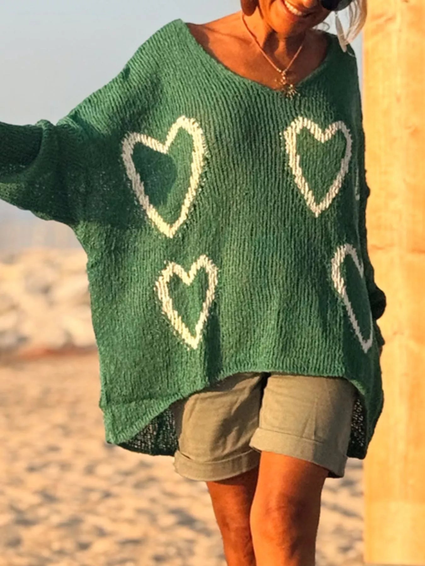Heart V - Neck Dropped Shoulder Sweater - Seedandsoulful