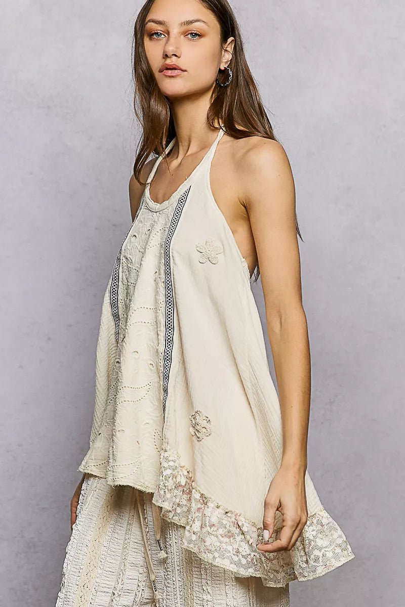 POL Lace Ruffle Halter Neck Double Gauze Top with Crochet Patch - Seedandsoulful