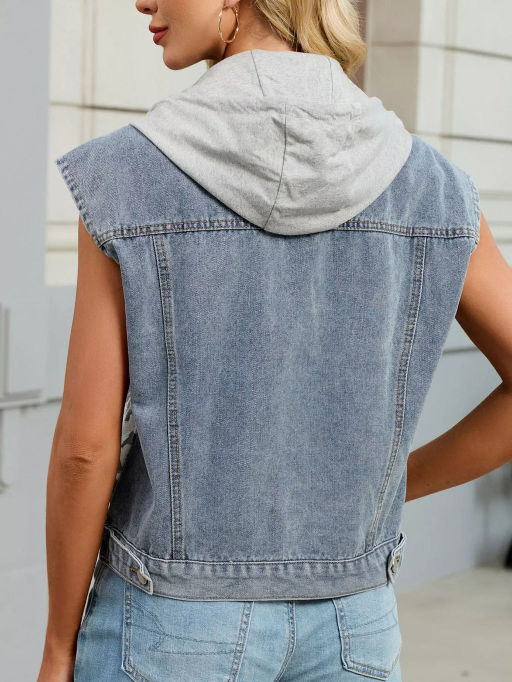 Leopard Button Up Hooded Denim Vest - Seedandsoulful