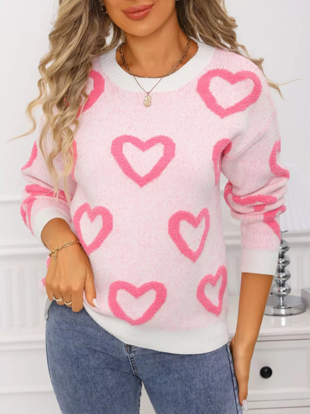 Valentine's Day Heart Pattern Round Neck Sweater - Seedandsoulful