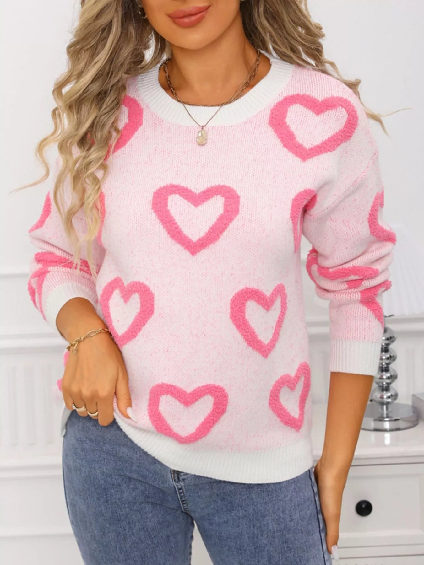 Valentine's Day Heart Pattern Round Neck Sweater - Seedandsoulful
