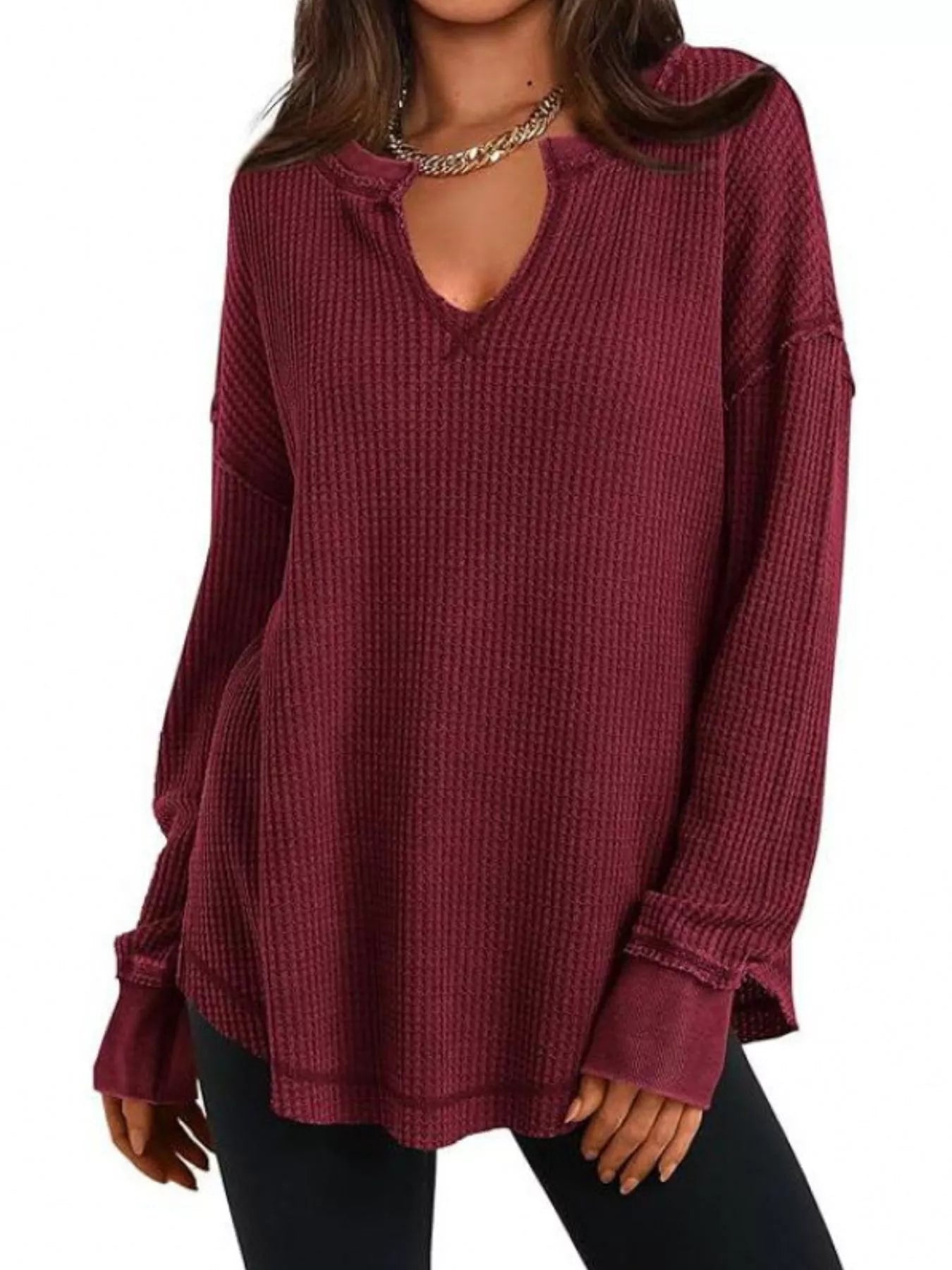 Slit Notched Long Sleeve T-Shirt - Seedandsoulful