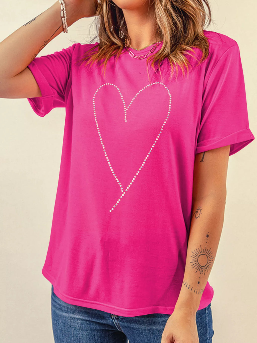 Rhinestone Heart Graphic Crew Neck Valentines Tee - Seedandsoulful