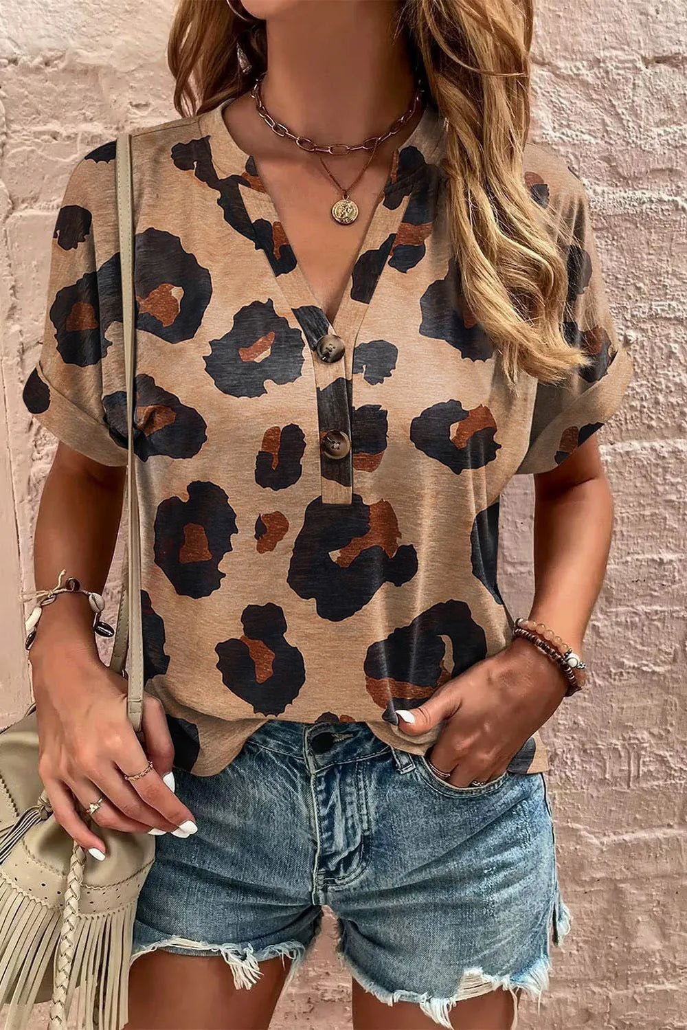 Leopard Half Button Short Sleeve T-Shirt - Seedandsoulful