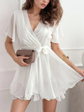 Surplice Flutter Sleeve Mini Dress - Seedandsoulful