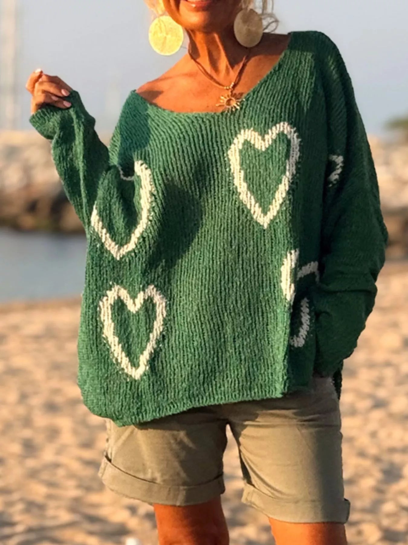 Heart V - Neck Dropped Shoulder Sweater - Seedandsoulful
