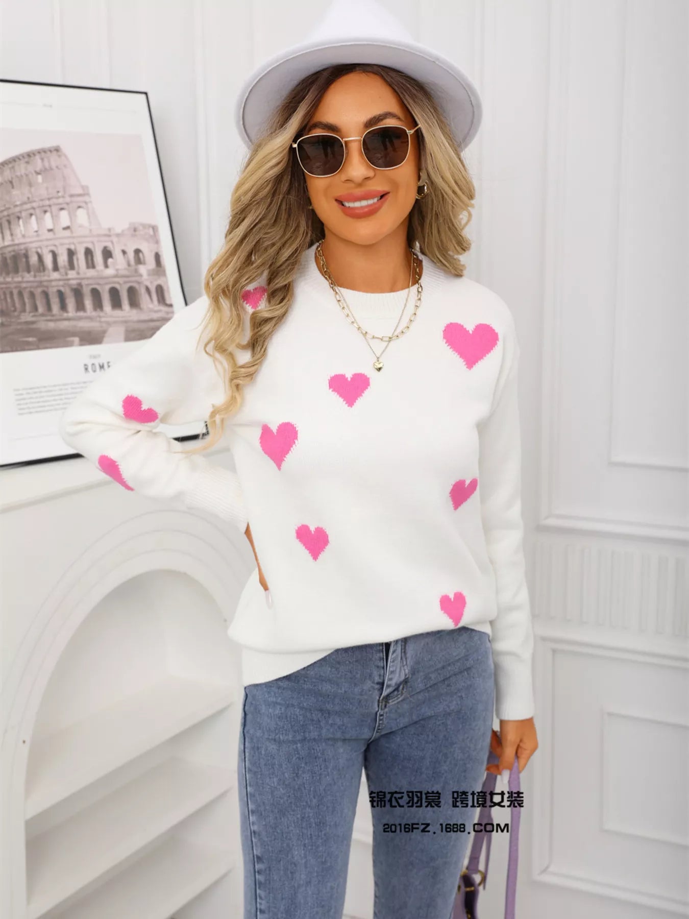 Valentine's Day Heart Print Round Neck Sweater - Seedandsoulful